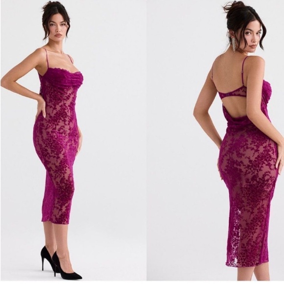 House of CB Ione Cranberry Devore Midi Dress | Size M - Picture 14 of 14